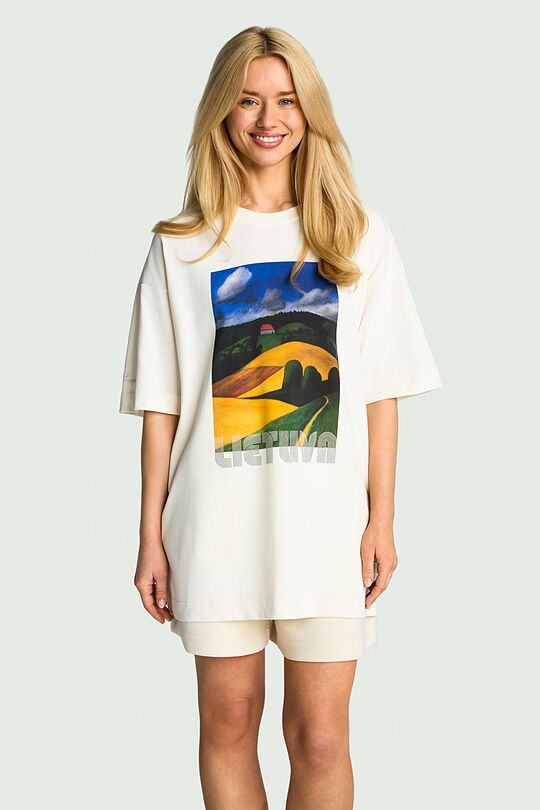 Medvilniniai marškinėliai trumpomis rankovėmis „Namukas“ 1 | KREMINĖ | Audimas